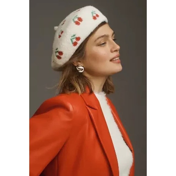 Anthropologie Accessories - NWT Anthropologie Maeve Icon Cherry Beret White One Size